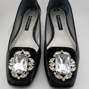 Beverly Feldman Black Patent Flats with Crystal Brooch